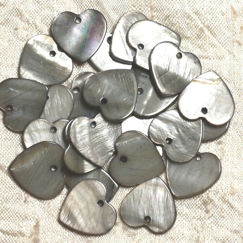 10pc - perles breloques pendentifs nacre coeurs 18mm gris noir   4558550008879