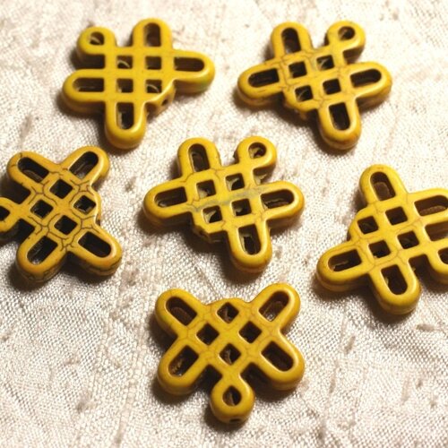 8pc - perles turquoise synthèse noeuds chinois 24x23mm jaune   4558550007896