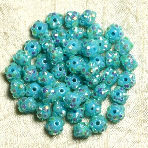 10pc - perles shamballas résine 8x5mm bleu turquoise et multicolore   4558550007759