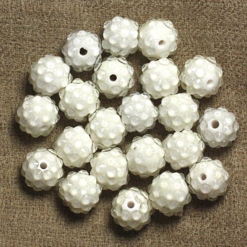 5pc - perles shamballas résine 12x10mm blanc et transparent   4558550007407