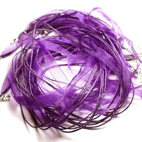 10pc - colliers tours de cou 47cm tissu voile organza 10mm et coton ciré violet