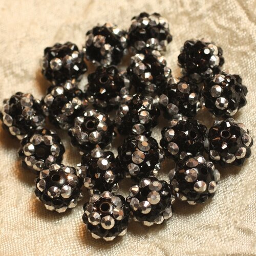 5pc - perles shamballas résine 12x10mm noir et argenté n°1  4558550007087