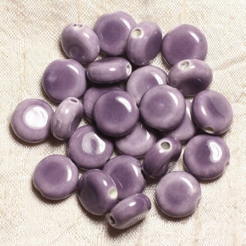 5pc - perles ceramique porcelaine rond plat palet 14mm violet mauve parme - 4558550006875