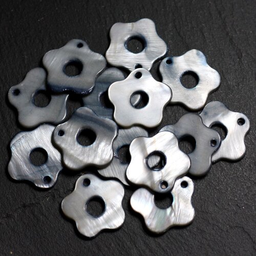 10pc - perles breloques pendentifs nacre fleurs 19mm gris noir   4558550005687