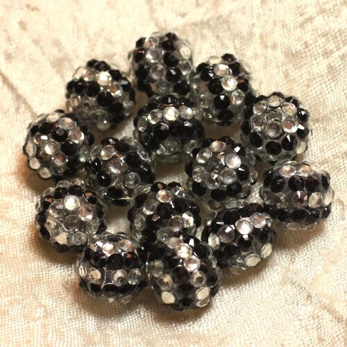 5pc - perles shamballas résine 14x12mm noir et argenté n°2  4558550005328