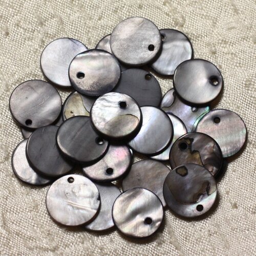 10pc - perles breloques pendentifs nacre - ronds 15mm gris noir   4558550004888