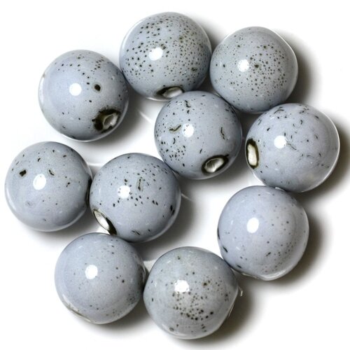 10pc - perles céramique porcelaine boules 18mm bleu clair pastel noir tacheté - 4558550004413