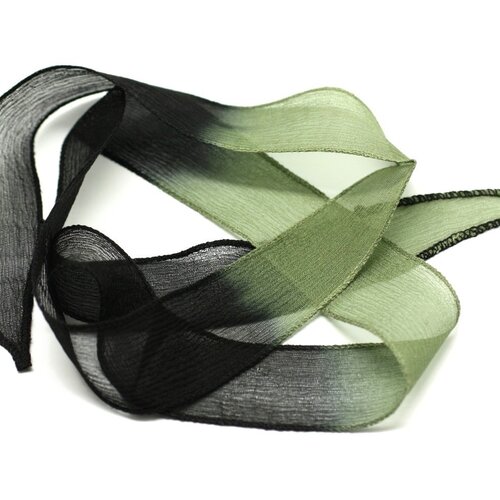 1pc - collier ruban soie teint a la main 85 x 2.5cm noir vert kaki soie103 - 4558550003430