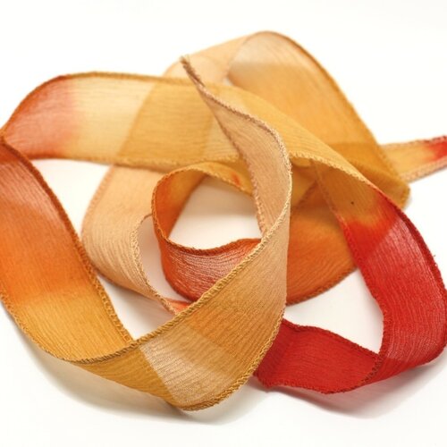 1pc - collier ruban soie teint à la main 85 x 2.5cm rose orange rouge (ref soie121)   4558550003331