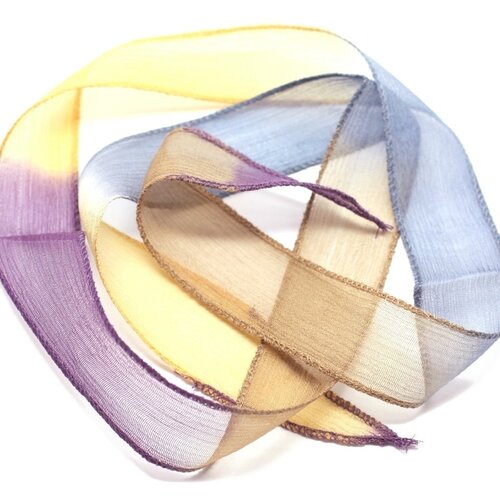 1pc - collier ruban soie teint à la main 85 x 2.5cm bleu jaune violet (ref soie146)   4558550002914