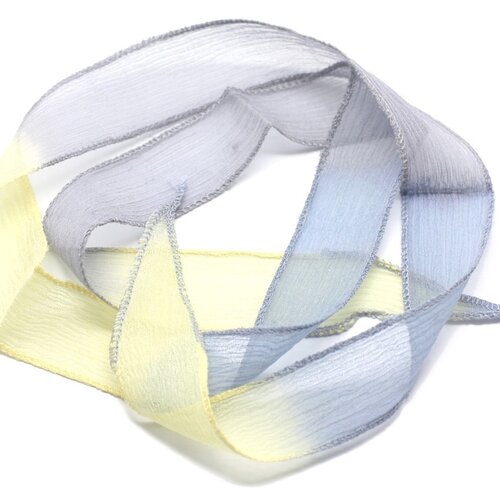 1pc - collier ruban soie teint à la main 85 x 2.5cm bleu gris jaune mauve pastel -  soie147 - 4558550002907