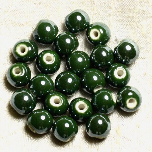 10pc - perles porcelaine ceramique boules 10mm vert olive sapin kaki - 4558550002501