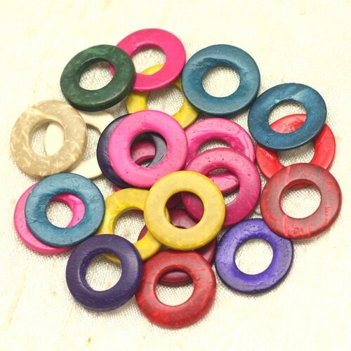 20pc - perles bois de coco donuts cercles 20mm multicolores   4558550001276