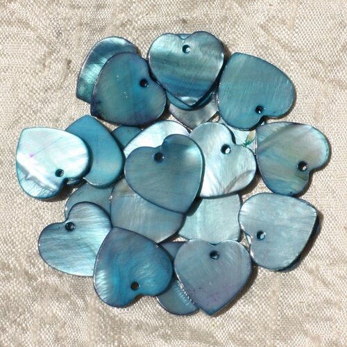 10pc - perles breloques pendentifs nacre coeurs 18mm bleu  4558550000033