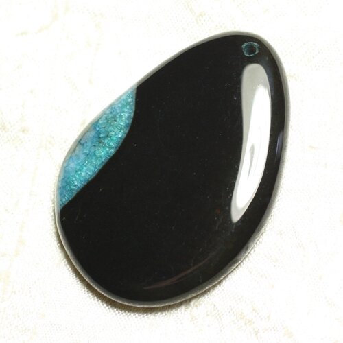 1pc - pendentif en pierre - agate et quartz goutte 61x42mm noir et turquoise  n°4  -  4558550039224