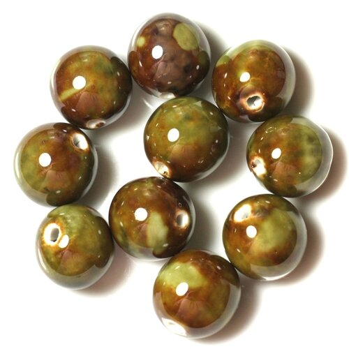 10pc - perles céramique porcelaine boules 18mm marron vert kaki - 4558550004444