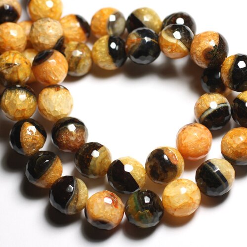 2pc - perles pierre - agate quartz boules facettées 14mm noir jaune orange safran - 4558550081759