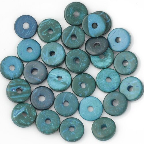 20pc - perles donuts bois de coco rondelles 12mm bleu vert   4558550001306