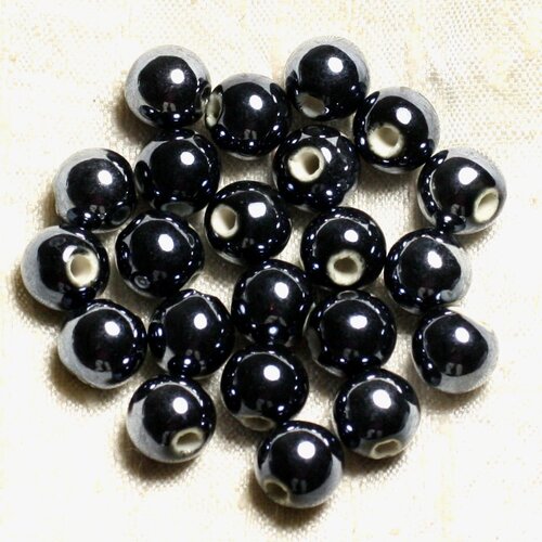 10pc - perles porcelaine céramique noir irisé boules 10mm   4558550007285