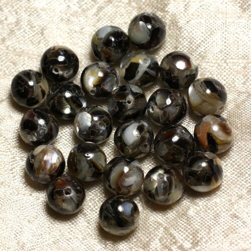 10pc - perles nacre et résine - boules 10mm noir et blanc  4558550015785