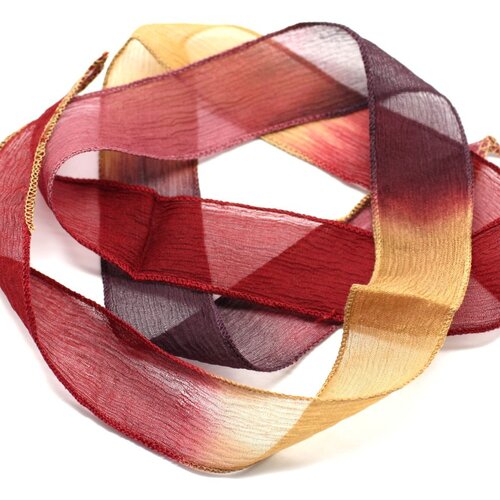 1pc - collier ruban soie teint à la main 85 x 2.5cm rouge prune violet jaune (ref soie157)   4558550002822