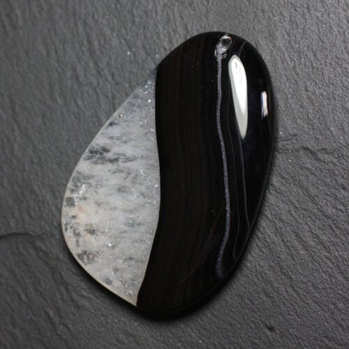 Pendentif en pierre - agate et quartz noir et blanc goutte 58mm avec imperfection n39 - 4558550085870