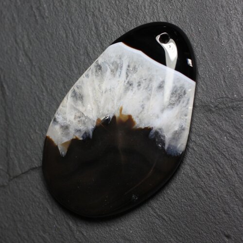 Pendentif en pierre - agate et quartz noir et blanc goutte 59mm n38 - 4558550085863