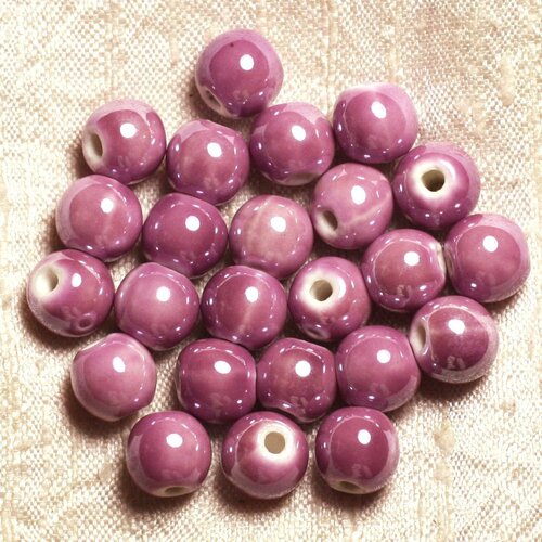 10pc - perles porcelaine céramique rose mauve boules 10mm   4558550009500