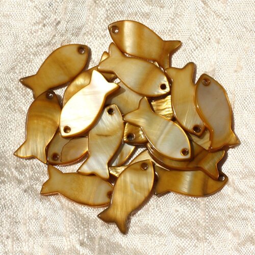 5pc - perles breloques pendentifs nacre poissons 23mm bronze doré   4558550000514
