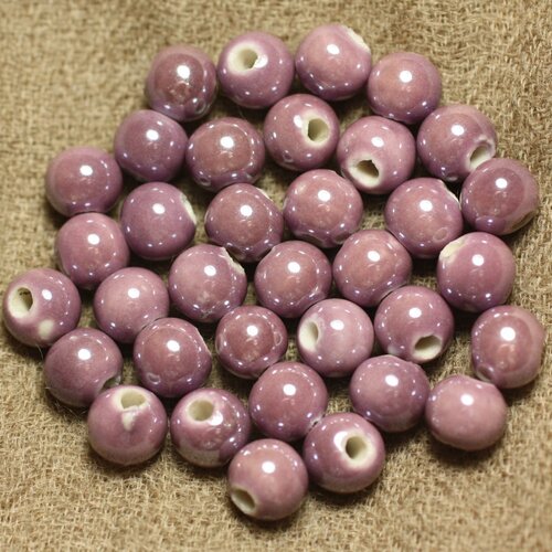 10pc - perles porcelaine céramique mauve rose irisé boules 8mm   4558550010070