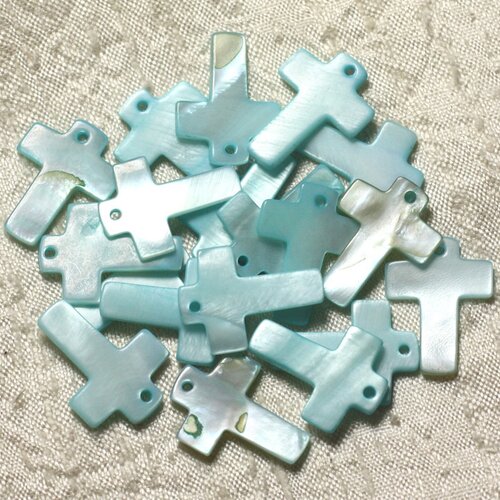 4pc - perles breloques pendentifs nacre croix 22mm bleu turquoise   4558550004956