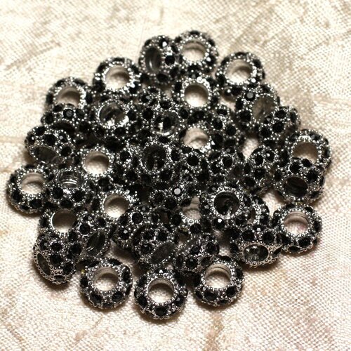 2pc - perles rondelles 11mm gros trous - métal argenté rhodium et strass verre noir -  4558550015594