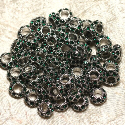 2pc - perles rondelles 11mm gros trous - métal argenté rhodium et strass verre vert -  4558550015532