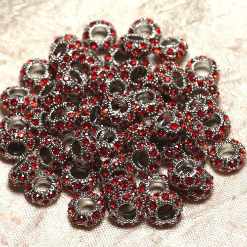2pc - perles rondelles 11mm gros trous - métal argenté rhodium et strass verre rouge -  4558550015518