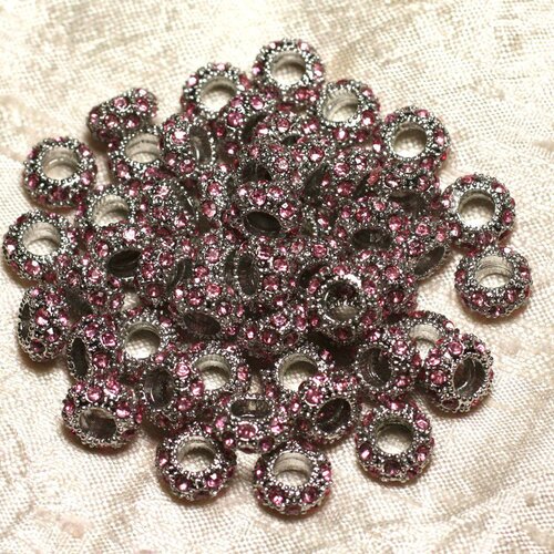 2pc - perles rondelles 11mm gros trous - métal argenté rhodium et strass verre rose clair -  4558550015471