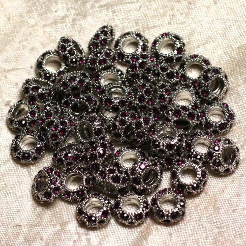 2pc - perles rondelles 11mm gros trous - métal argenté rhodium et strass verre violet rose -  4558550015433