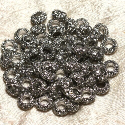 2pc - perles rondelles 11mm gros trous - métal argenté rhodium et strass verre blanc -  4558550015198