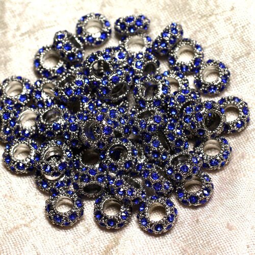 2pc - perles rondelles 11mm gros trous - métal argenté rhodium et strass verre bleu roi -  4558550010131