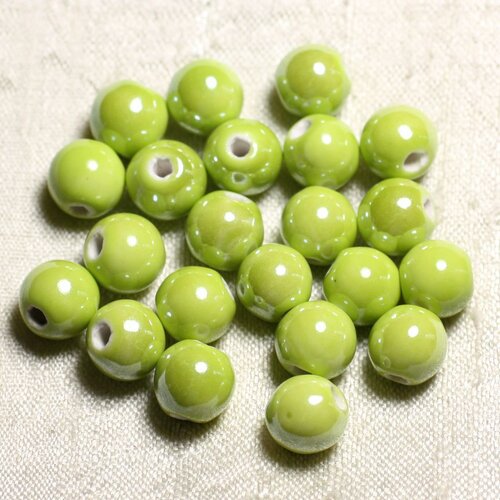 10pc - perles céramique porcelaine boules 10mm vert citron lime irisé -  4558550088703