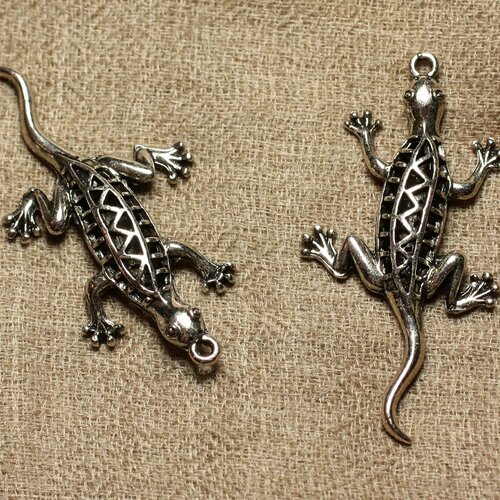 5pc - pendentif métal argenté rhodium - lézard gecko 50mm   4558550021076