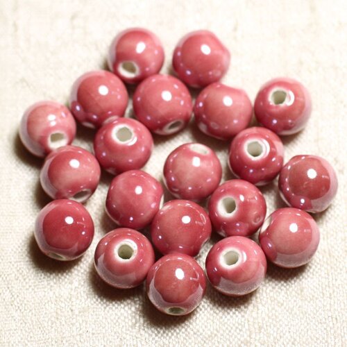 10pc - perles céramique porcelaine boules 10mm rose corail pêche irisé -  4558550088741