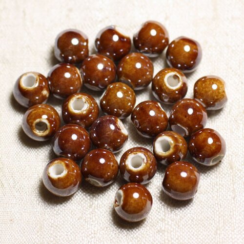 10pc - perles céramique porcelaine boules 10mm marron irisé -  4558550088758