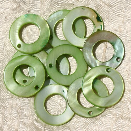 10pc - perles breloques pendentifs nacre donuts cercles 25mm vert pomme anis - 4558550017086