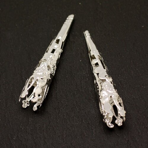 20pc - apprêts longs cônes métal argenté arabesques filigranes 40mm - 8741140001848