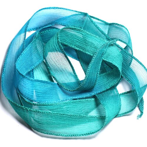 Collier ruban soie teint à la main 130x1.8cm bleu vert turquoise paon (soie128) - 8741140003071