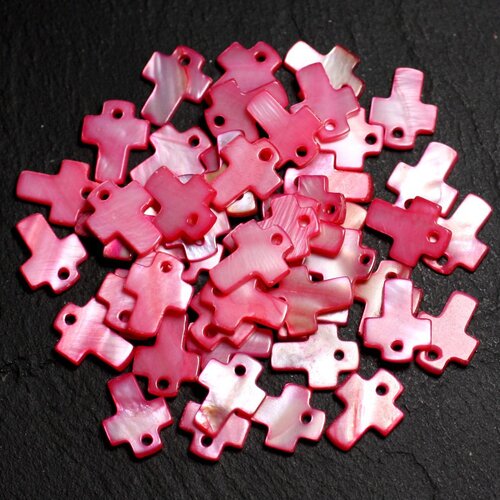 10pc - perles pendentifs breloques nacre croix 12mm rouge rose fuchsia framboise - 8741140003446