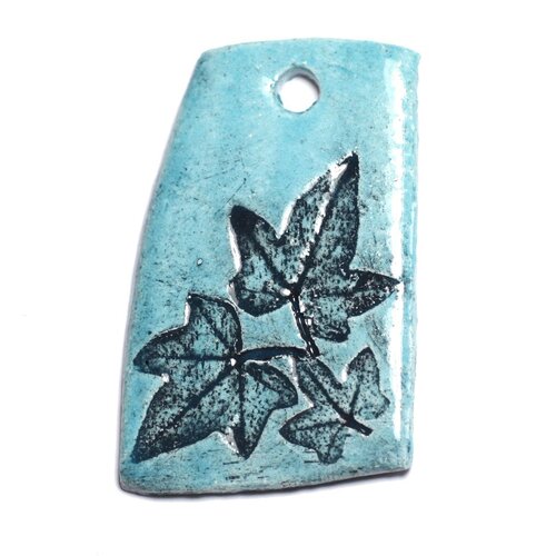 N46 - pendentif porcelaine céramique empreintes nature feuille 52mm bleu turquoise - 8741140004290