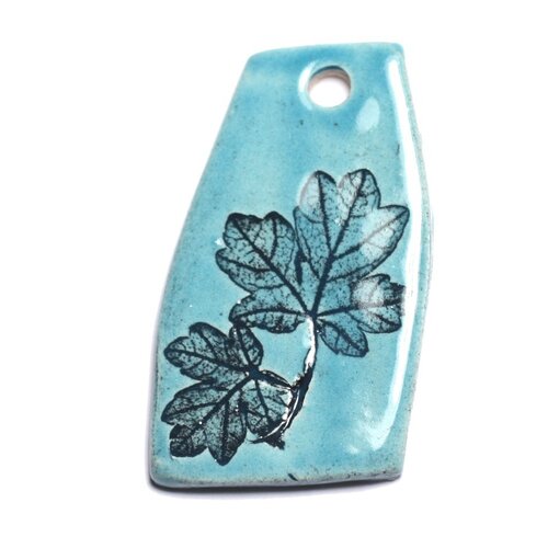 N45 - pendentif porcelaine céramique empreintes nature feuille 49mm bleu turquoise - 8741140004283