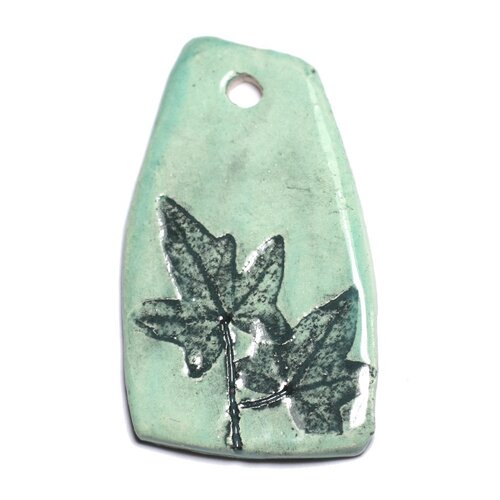 N38 - pendentif porcelaine céramique empreintes nature feuille 53mm vert turquoise - 8741140004214