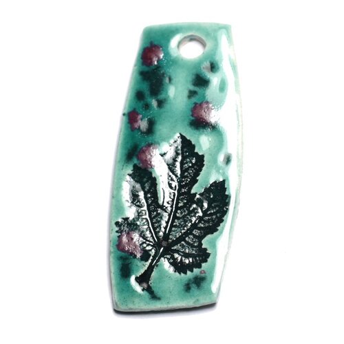 N36 - pendentif porcelaine céramique empreintes nature feuille 53mm vert turquoise - 8741140004191